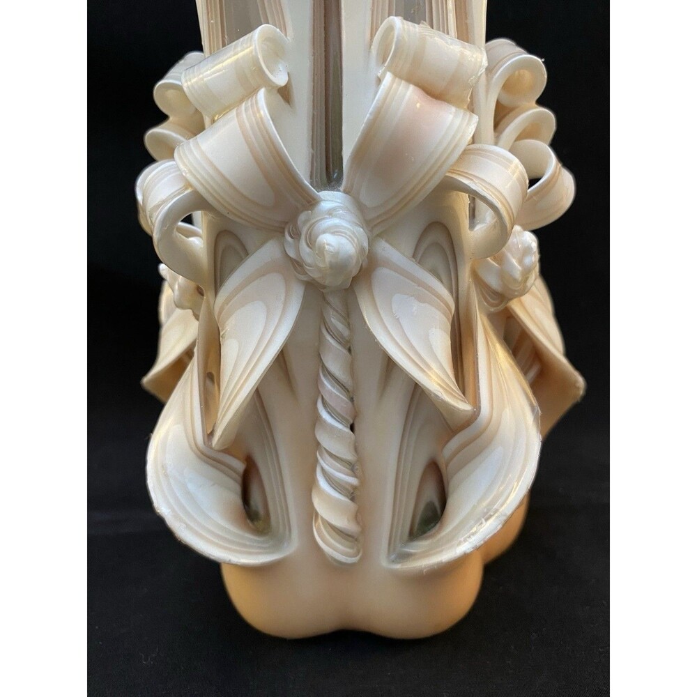 Vintage Hand Carved Ribbon Wax Pillar Artisan Rosettes Candle White Cream Blush - Picture 2 of 7